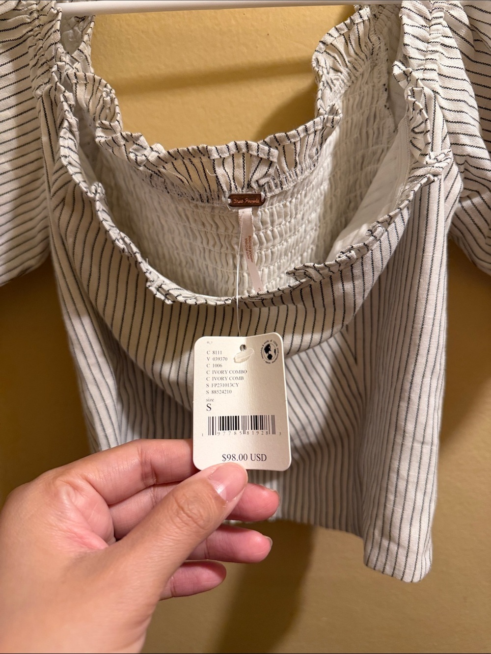 Free People Striped Puff-Sleeve Square Neck Crop Top - White with Black Stripes - Picture 2 of 2